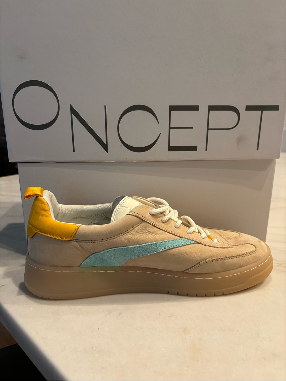 ONCEPT Beige Low-Top Sneakers with Yellow Heel and Mint Accent
